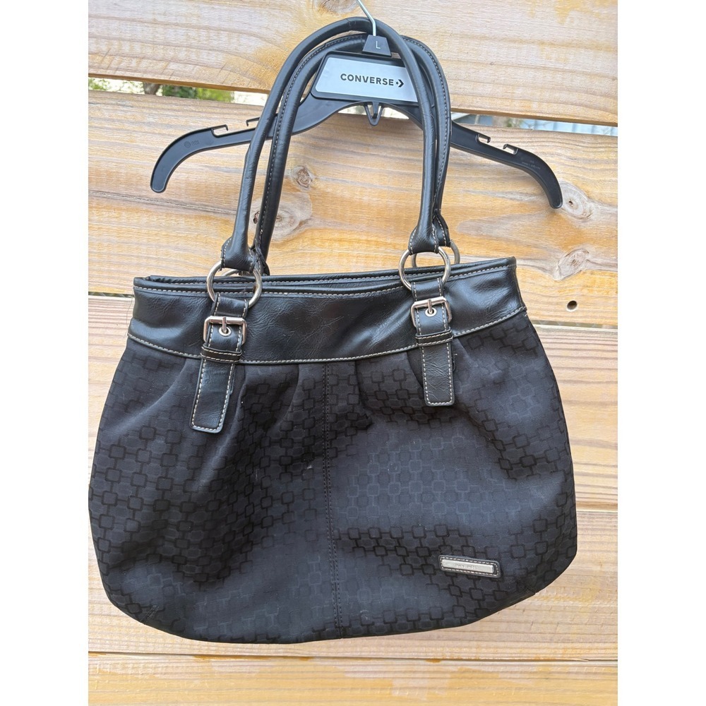 Nine West Black Jacquard Geometric Shoulder Bag Faux Leather Trim Buckle Accent